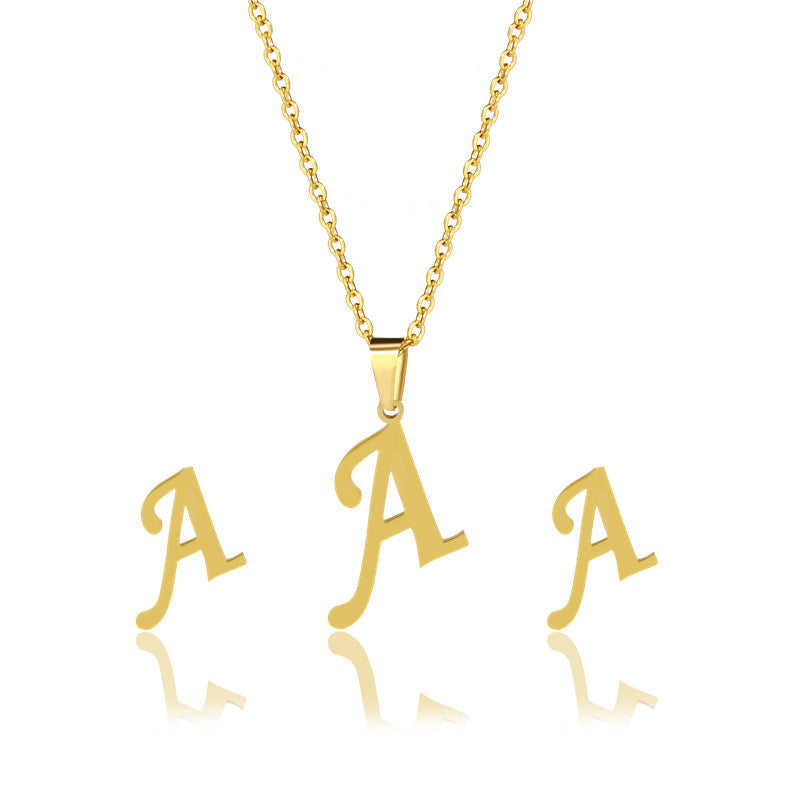Wholesale Stainless Steel 26 Letter Necklace Earrings Two Piece Set